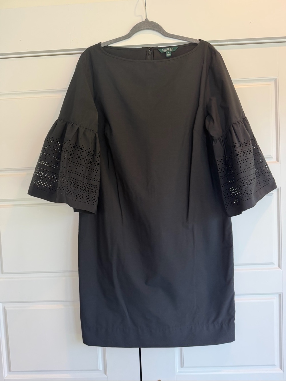 Lauren Ralph Lauren Black Shift Dress 12 Bell Sleeve Laser Cut Eyelet Cocktail